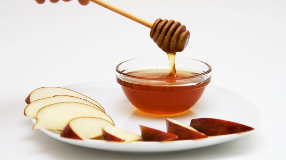 Apple slices and bowl of honey on a plate